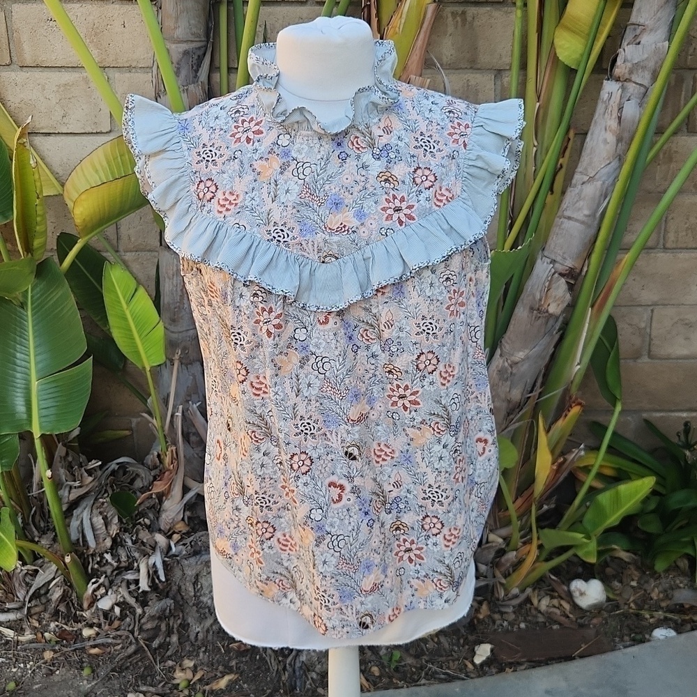 Rebecca Taylor La Vie Floral Sleeveless Ruffle Cotton Top Large